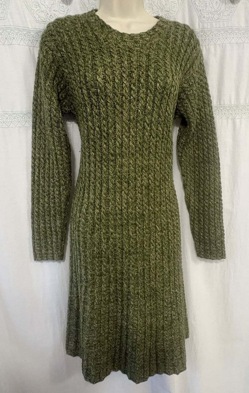 LeLe Handmade Cable Knit Sweater Dress Olive Green Sz M/L Linen Cotten Blend
